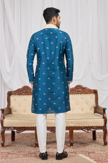 Art Silk Fabric Teal Readymade Kurta Pyjama With Stole For Men