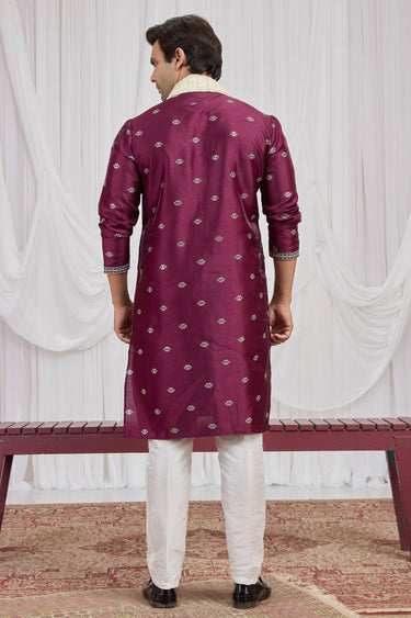 Art Silk Embroidered Wine Readymade Kurta Pyjama With Dupatta For Men