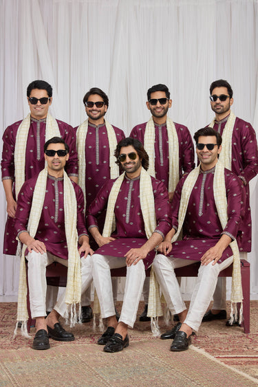 Art Silk Embroidered Wine Readymade Kurta Pyjama With Dupatta For Men