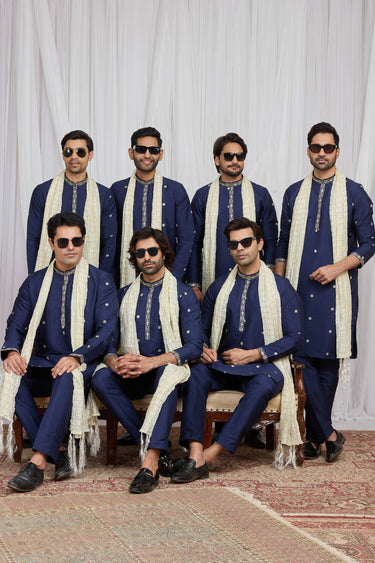 Embroidered Blue Festive Wear Readymade Kurta Pyjama With Stole For Men