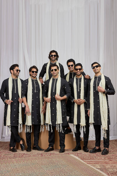 Embroidered Art Silk Black Readymade Kurta Pyjama With Dupatta For Men