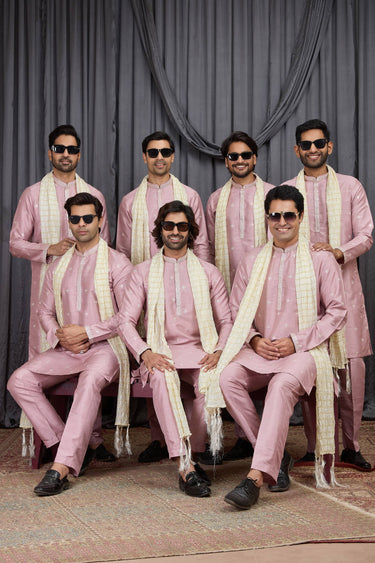 Pink Festive Wear Art Silk Fabric Readymade Kurta Pyjama With Stole For Men