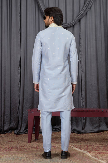 Art Silk Embroidered Sky Blue Readymade Kurta Pyjama With Dupatta For Men