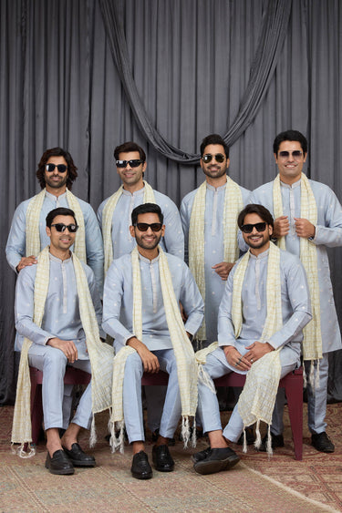 Art Silk Embroidered Sky Blue Readymade Kurta Pyjama With Dupatta For Men
