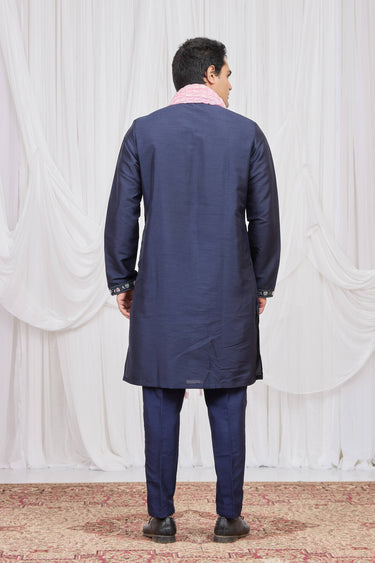 Navy Blue Festive Wear Art Silk Fabric Readymade Kurta Pyjama With Stole For Men