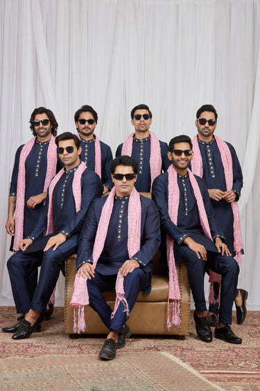 Navy Blue Festive Wear Art Silk Fabric Readymade Kurta Pyjama With Stole For Men
