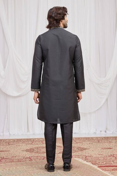 Black Festive Wear Art Silk Fabric Readymade Kurta Pyjama With Stole For Men