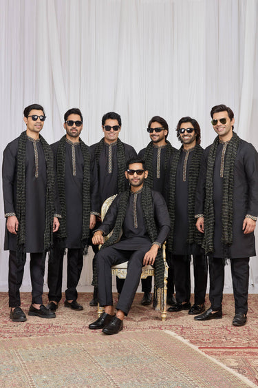Black Festive Wear Art Silk Fabric Readymade Kurta Pyjama With Stole For Men
