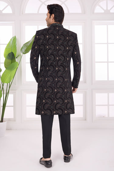 Mens Premium Rich Black Designer Velvet Wedding Special Indo Western Sherwani Set With Aligadhi Pant
