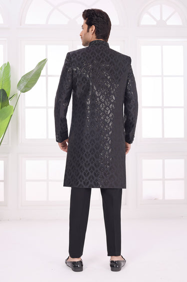 Mens Thread Embroidery Rich Black Fancy Silk Party Wear Indo Western Sherwani With Aligadhi Pant