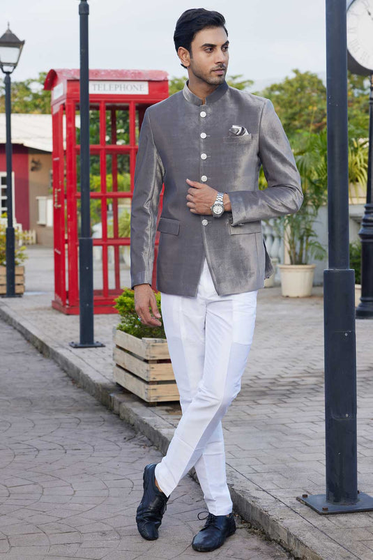 Velvet Grey Dazzling Jodhpuri Jacket For Wedding Function