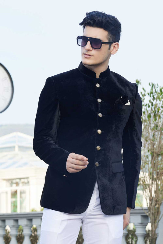 Velvet Fabric Designer Readymade Jodhpuri Jacket In Black Color