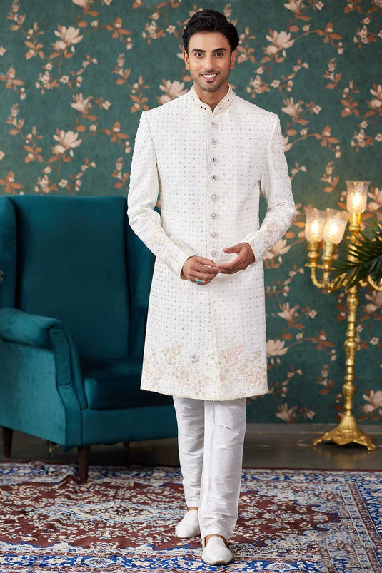 Vivacious Art Silk Fabric Wedding Wear Sherwani For Men In Cream Color