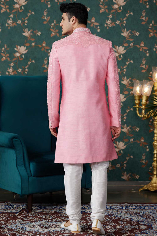 Enriching Pink Color Wedding Wear Readymade Art Silk Fabric Sherwani For Men