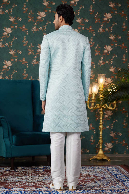 Readymade Majestic Sea Green Color Art Silk Fabric Sherwani For Men