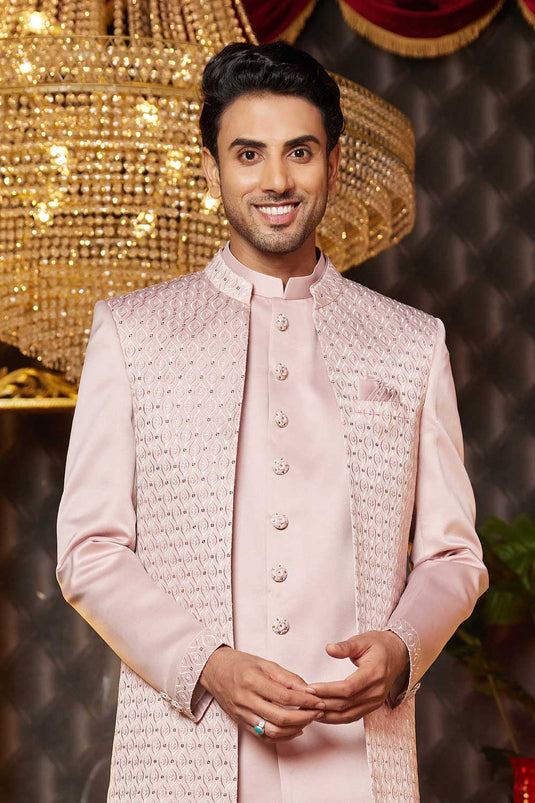 Stuning Pink Color Wedding Wear 3 Piece Indo Western For Men In Art Silk Fabric