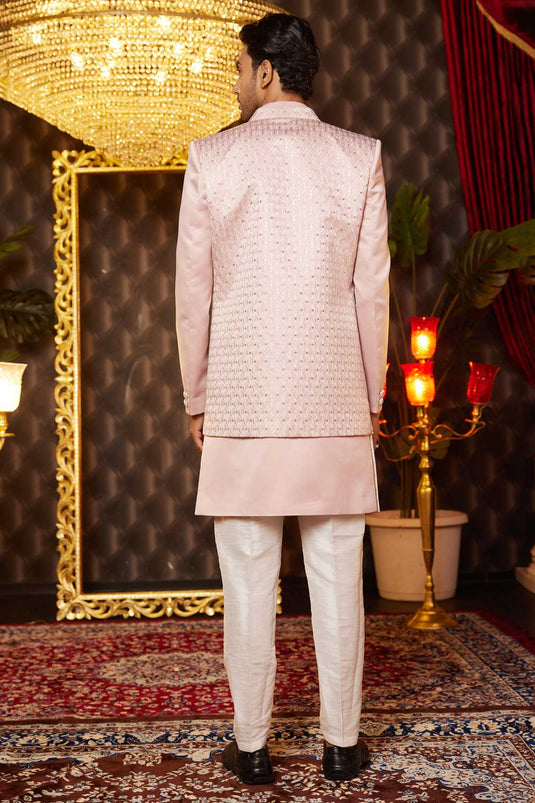 Stuning Pink Color Wedding Wear 3 Piece Indo Western For Men In Art Silk Fabric