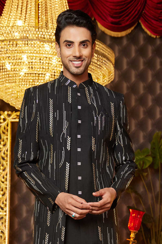 Black Wedding Wear 3 Piece Indo Western For Men In Art Silk Fabric