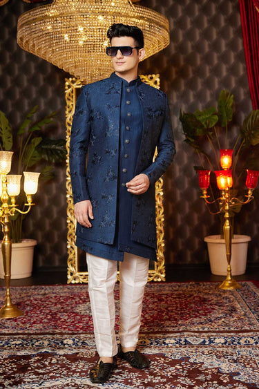 Heavy Embroidered Blue Color Art Silk Fabric 3 Piece Indo Western For Men