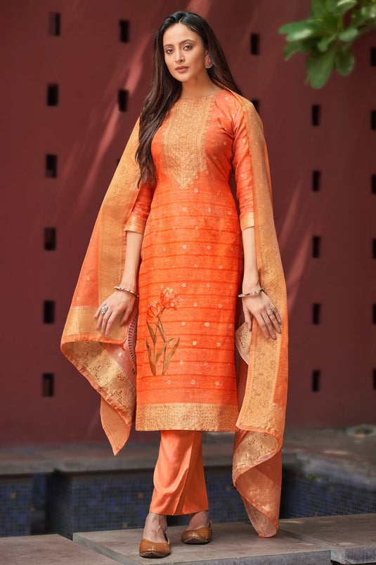 Orange Color Digital Printed Casual Pretty Suit In Chanderi Jacquard Fabric