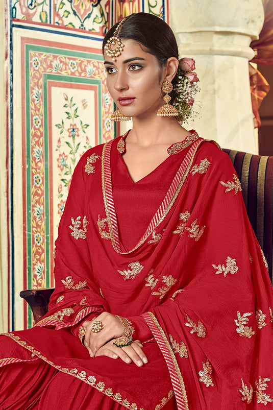Function Wear Attractive Red Color Palazzo Salwar Suit In Georgette Fabric