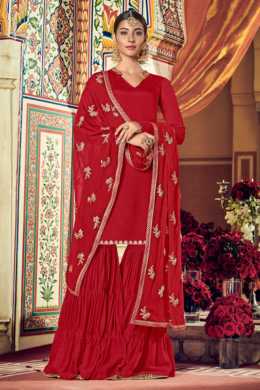 Function Wear Attractive Red Color Palazzo Salwar Suit In Georgette Fabric