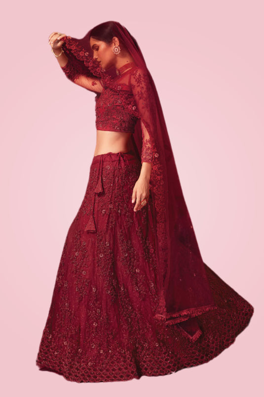 Embroidered Red Color Lehenga Choli In Net Fabric