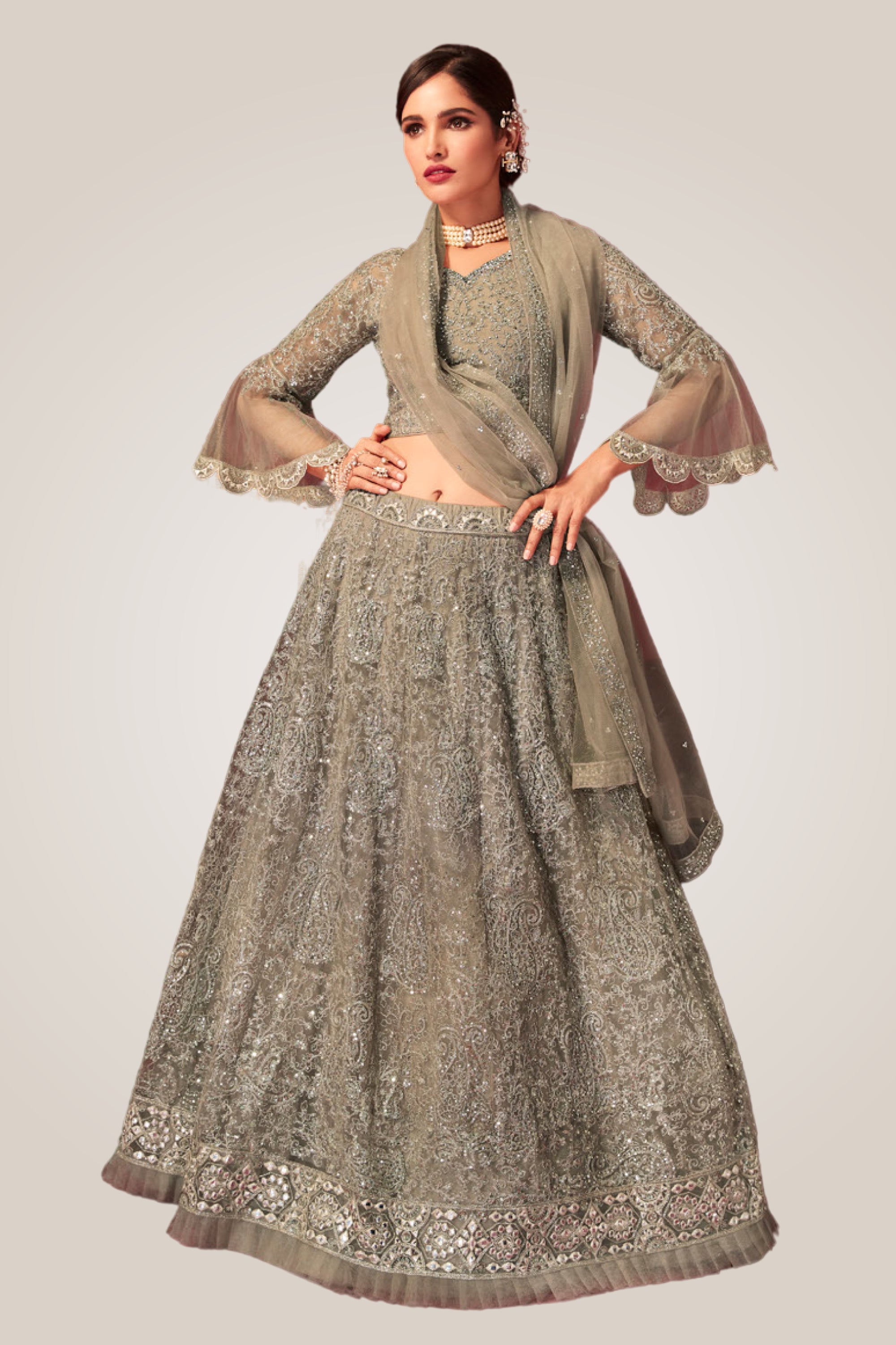 Grey Color Net Fabric Lehenga Choli With Embroidery Work