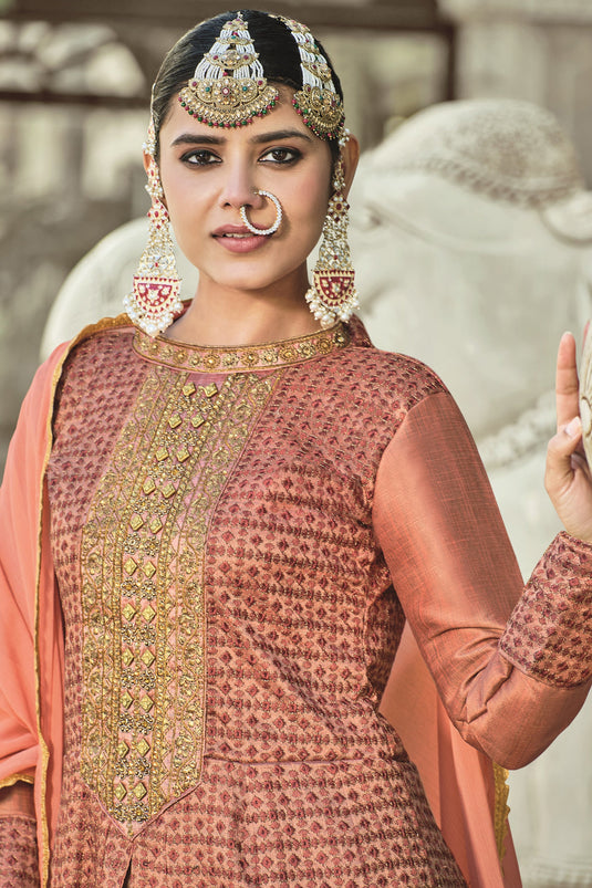 Festive Wear Heavy Embroidered Silk Fabric Designer Anarkali Salwar Kameez In Pink Color