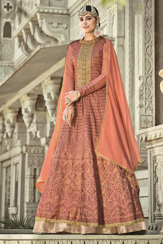 Festive Wear Heavy Embroidered Silk Fabric Designer Anarkali Salwar Kameez In Pink Color