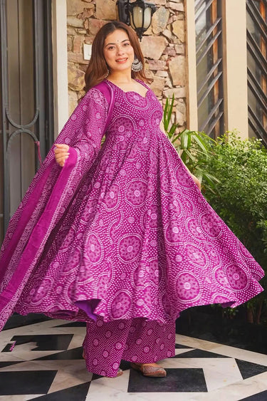 Magenta Traditional Bandhani Print Flared Anarkali Kurta With Palazzo