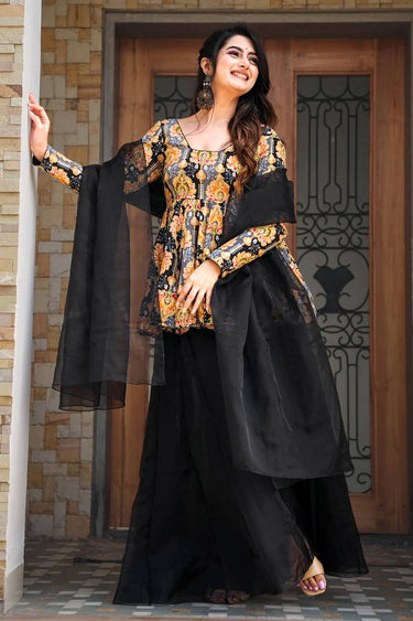 Art Silk Printed Black Readymade Palazzo Suit For Festive Wear