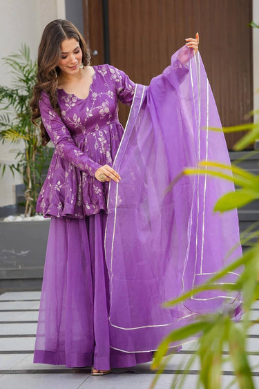 Purple Festive Wear Art Silk Printed Readymade Palazzo Suit