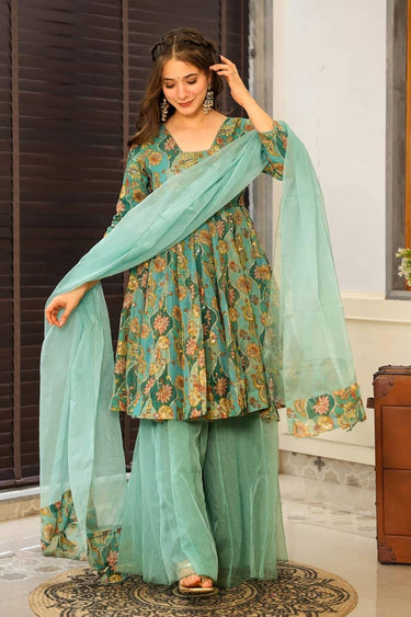 Sea Green Art Silk Printed Palazzo Suit For Festive Wear