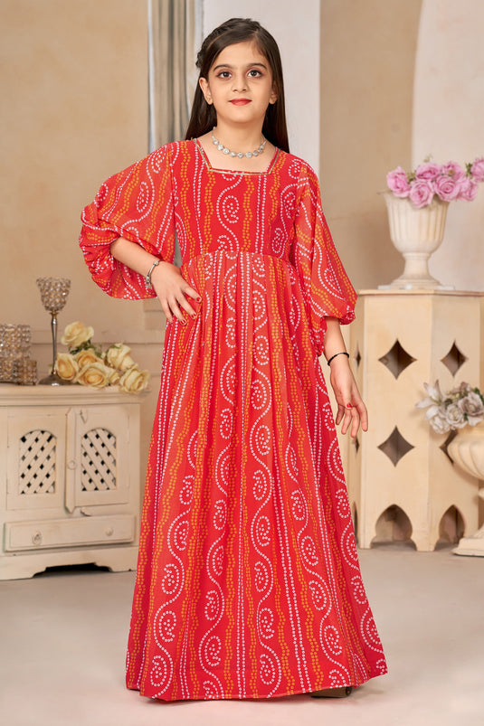 Gorgeous Red Color Georgette Fabric Printed Function Wear Readymade Kids Gown