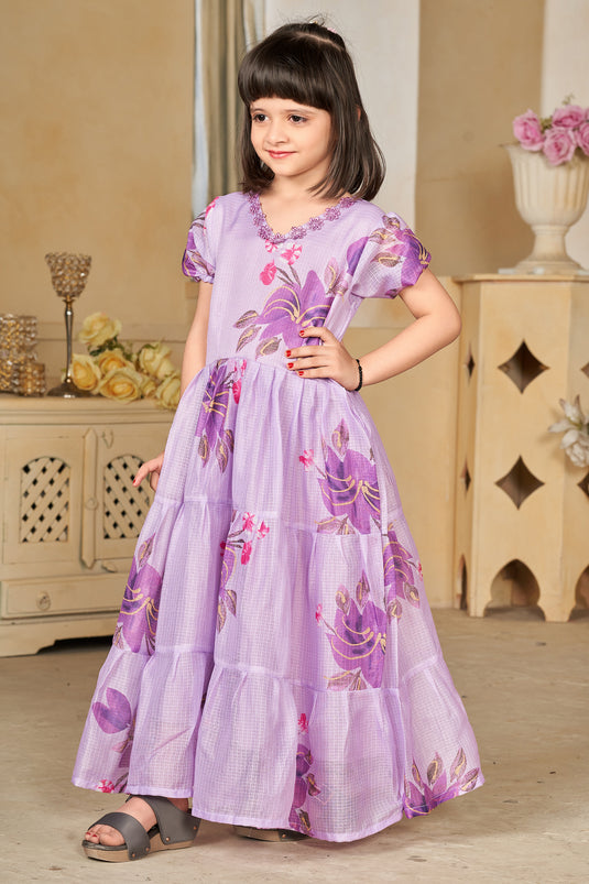 Fancy Fabric Engaging Lavender Color Function Wear Digital Printed Readymade Kids Gown