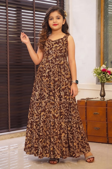 Brown Rayon Digital Printed Party Wear Readymade Kids Gown