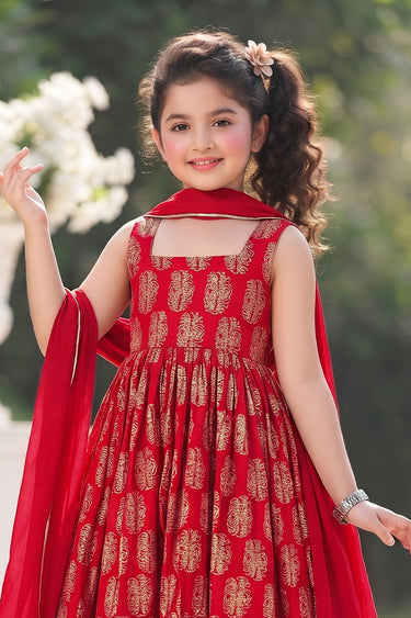 Girls Muslin Red Printed Readymade Anarkali Dress