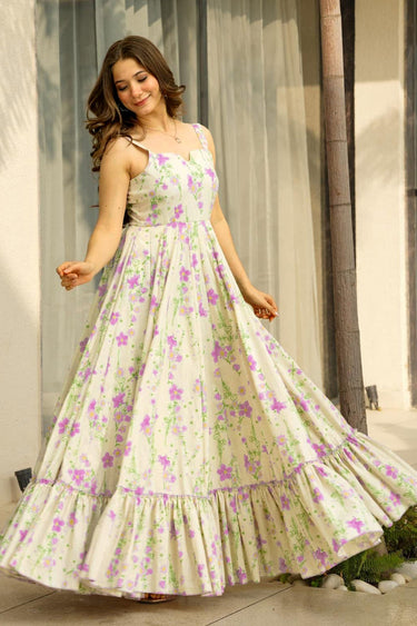 Off White Digital Printed Floor Touch Readymade Anarkali Style Gown
