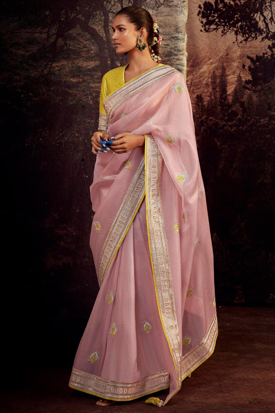 Dazzling Pink Color Art Silk Fabric Fancy Work Function Wear Saree