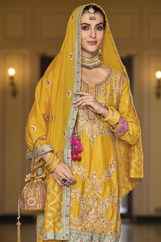 Chinon Fabric Mustard Color Embroidered Readymade Punjabi Style Palazzo Suit