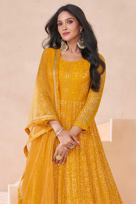 Sushrii Mishraa Elegant Yellow Color Georgette Anarkali Suit For Function