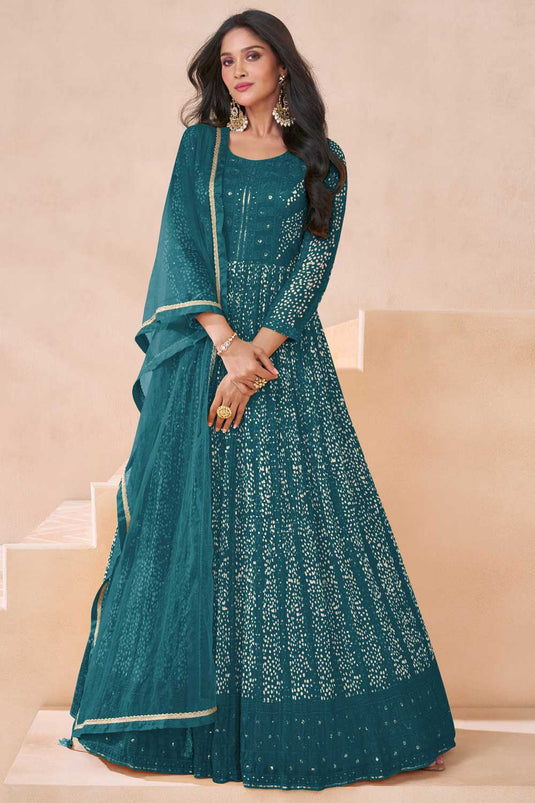 Sushrii Mishraa Function Special Teal Color Georgette Anarkali Suit