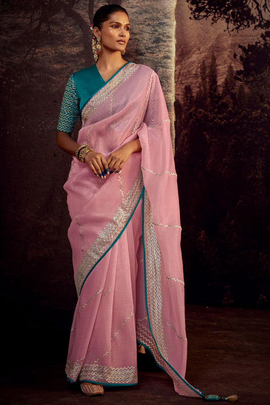 Attractive Fancy Work Pink Color Art Silk Fabric Saree