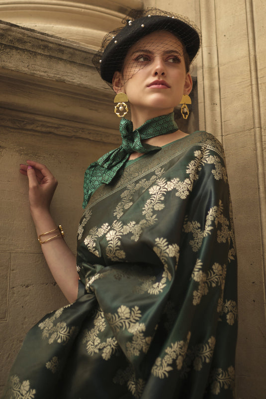 Weaving Work Fancy Art Silk Saree In Dark Green Color