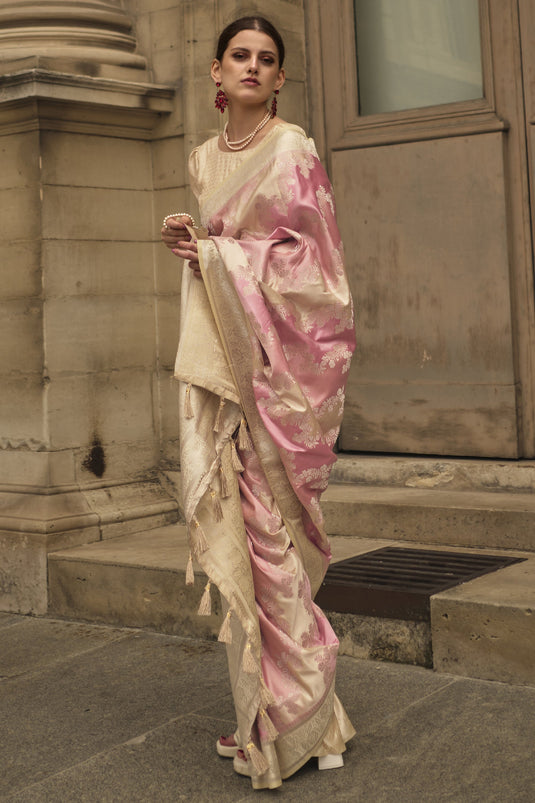 Pastel Pink Color Wedding Function Art Silk Weaving Work Saree