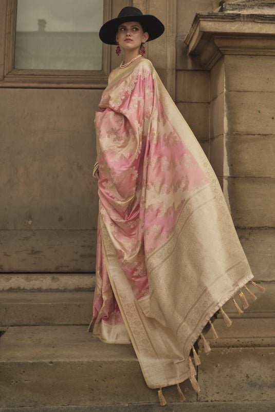 Pastel Pink Color Wedding Function Art Silk Weaving Work Saree