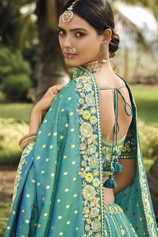 Banarasi Silk Fabric Sea Green Color Pleasance Lehenga With Jacquard Work
