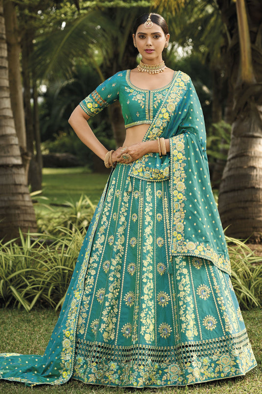 Banarasi Silk Fabric Sea Green Color Pleasance Lehenga With Jacquard Work