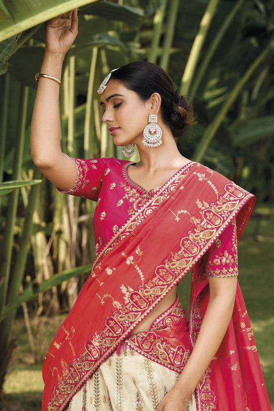 Banarasi Silk Fabric Off White Color Riveting Lehenga With Jacquard Work